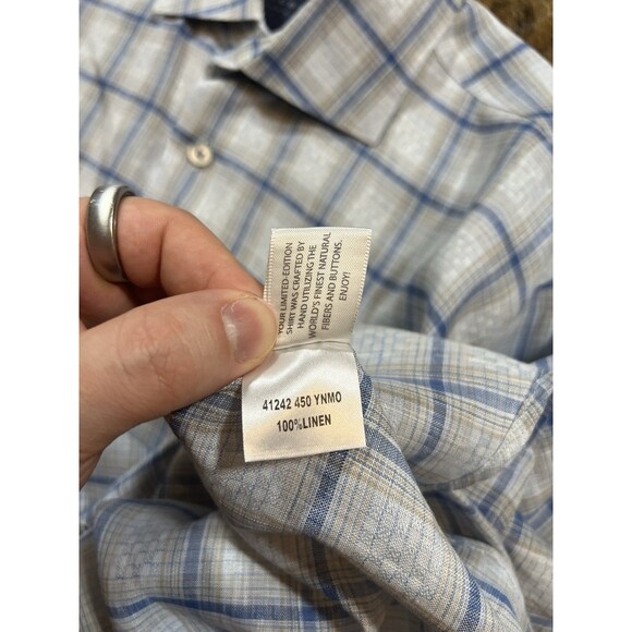 CALDER Carmel Mens Shirt L Blue/Gray Plaid 100% Linen Limited Edition 1/70 - Picture 8 of 11